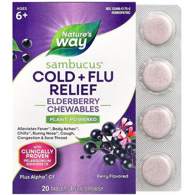 Nature's Way, Sambucus®, Cold + Flu Relief, Elderberry Chewables, Ages 6+, Berry, 20 Tablets Nature's Way, Sambucus®, Cold + Flu Relief, Elderberry Chewables, Ages 6+, Berry, 20 Tablets
