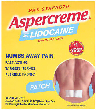 Care+ Aspercreme, Pain Relief Patch with 4% Lidocaine, Max Strength, Fragrance-Free, 5 Patches