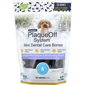 ProDen, PlaqueOff System™, Mini Dental Care Bones, For Small and Toy Dogs, Vegetable Fusion & Blueberry, 20 Bones, 12 oz (340 g) ProDen, PlaqueOff System™, Mini Dental Care Bones, For Small and Toy Dogs, Vegetable Fusion & Blueberry, 20 Bones, 12 oz (340 g)