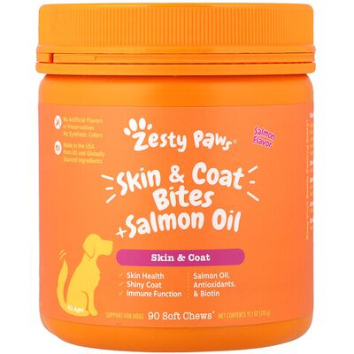 Zesty Paws, Skin & Coat Bites + Salmon Oil, For Dogs, All Ages, Salmon , 90 Soft Chews, 11.1 oz (315 g) Zesty Paws, Skin & Coat Bites + Salmon Oil, For Dogs, All Ages, Salmon , 90 Soft Chews, 11.1 oz (315 g)