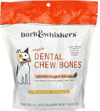Dr. Mercola, Bark & Whiskersâ„¢, Dental Chew Bones, For Adult Dogs, Veggie, 15 Bones, 1.02 oz (29 g) Each