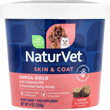 NaturVet, Omega-Gold With Salmon Oil & Essential Fatty Acids, For Dogs & Cats, Bacon & Chicken, 90 Soft Chews, 9 oz (256 g)
