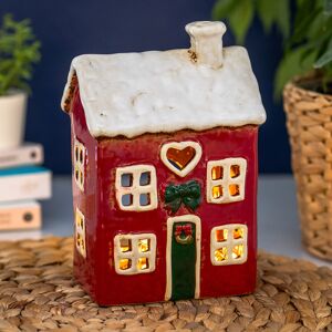 Village Pottery Red Heart Christmas House Tealight Holder Village Pottery Red Heart Christmas House Tealight Holder
