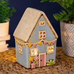 Village Pottery Blue Garden Flags House Tealight Holder Village Pottery Blue Garden Flags House Tealight Holder