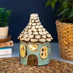 Village Pottery Blue Heart Tiled Roof House Tealight Holder Village Pottery Blue Heart Tiled Roof House Tealight Holder