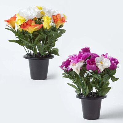 Homescapes Set of 2 Yellow & White Peony Artificial Grave Flower Pots Homescapes Set of 2 Yellow & White Peony Artificial Grave Flower Pots