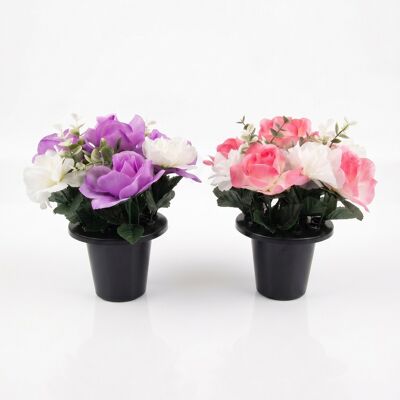 Artificial Rose & Mimosa Grave Pot Flowers (Set of 2) - Lifelike Faux Floral Cemetery Memorial Tribute - Homescapes Artificial Rose & Mimosa Grave Pot Flowers (Set of 2) - Lifelike Faux Floral Cemetery Memorial Tribute - Homescapes