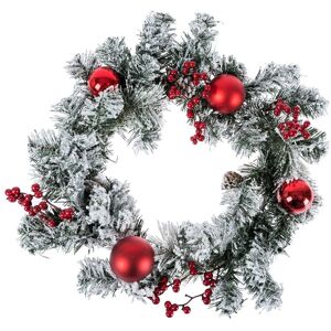 Homescapes Frosted Large Artificial Fir Branch Christmas Wreath with Red Baubles, 19 Inch Homescapes Frosted Large Artificial Fir Branch Christmas Wreath with Red Baubles, 19 Inch