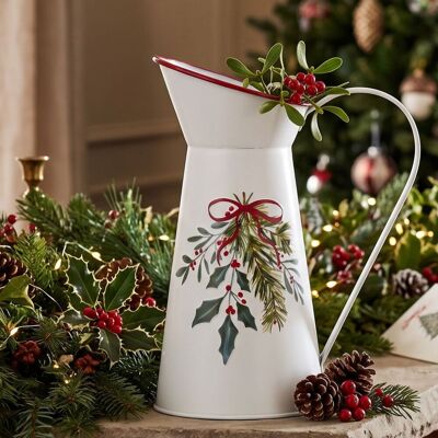 Homescapes White Metal Christmas Holly & Mistletoe Vase with Handle, Festive Decorative Vase Homescapes White Metal Christmas Holly & Mistletoe Vase with Handle, Festive Decorative Vase