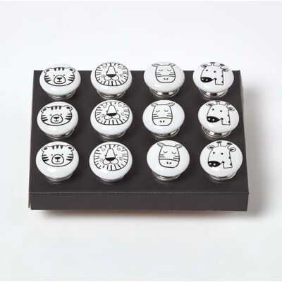 Homescapes Set of 12 Animal Safari Furniture Drawer Knobs, 4 x 4 x 7 cm, White, Black, Upcycling, Durable Homescapes Set of 12 Animal Safari Furniture Drawer Knobs, 4 x 4 x 7 cm, White, Black, Upcycling, Durable