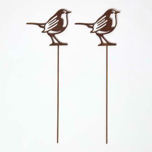 Homescapes Set of 2 100% Mild Steel Bird Garden Stakes, 12.5 x 37 cm, Brown, Robin Homescapes Set of 2 100% Mild Steel Bird Garden Stakes, 12.5 x 37 cm, Brown, Robin