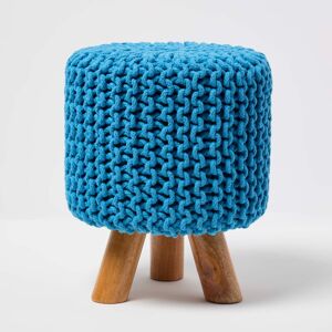 Homescapes Teal Blue Knitted Footstool with Tripod Wooden Legs Homescapes Teal Blue Knitted Footstool with Tripod Wooden Legs