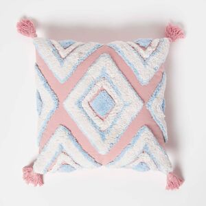 Homescapes Geometric Ikat Blue & Pink Tufted Cotton Cushion with Tassles 45 x 45 cm Homescapes Geometric Ikat Blue & Pink Tufted Cotton Cushion with Tassles 45 x 45 cm