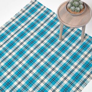 Homescapes Irvine Handwoven Blue Tartan 100% Cotton Rug - Rug Homescapes Irvine Handwoven Blue Tartan 100% Cotton Rug - Rug