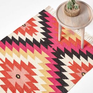 Homescapes Jakarta Handwoven Pink, Orange and Yellow Multi Coloured Geometric Pattern Kilim Wool Rug, 90 x 150 cm Homescapes Jakarta Handwoven Pink, Orange and Yellow Multi Coloured Geometric Pattern Kilim Wool Rug, 90 x 150 cm