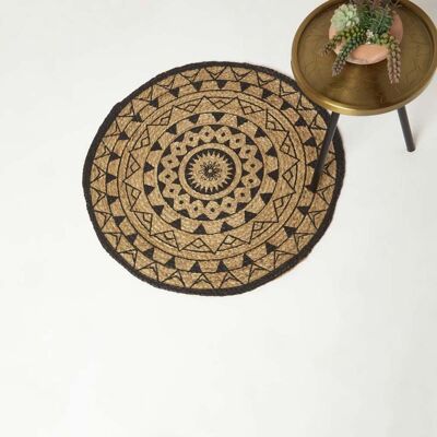Homescapes Black and Natural Mandala Hemp Rug - Round 70cm Homescapes Black and Natural Mandala Hemp Rug - Round 70cm