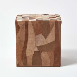 Homescapes Brown Patchwork Check Cube Pouffe Leather and Suede 36 x 36 x 38 cm Homescapes Brown Patchwork Check Cube Pouffe Leather and Suede 36 x 36 x 38 cm