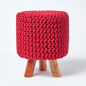 Homescapes Red Knitted Cotton Tall Footstool with Wooden Legs 42 x 32 x 32 cm Homescapes Red Knitted Cotton Tall Footstool with Wooden Legs 42 x 32 x 32 cm