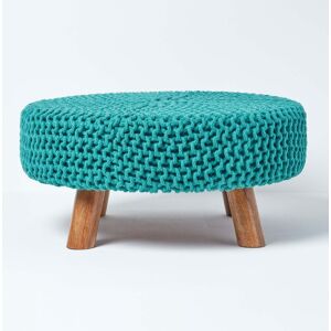 Homescapes Teal Green Flat Circular Knitted Footstool with Legs Homescapes Teal Green Flat Circular Knitted Footstool with Legs