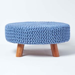 Homescapes Blue Knitted Cotton Footstool - 62x62x30cm Homescapes Blue Knitted Cotton Footstool - 62x62x30cm