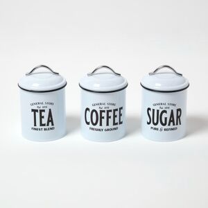 Homescapes Set of 3 Tea Coffee & Sugar Canisters, 11.5 x 12.2 x 11.5 cm, White, Black, General Store, 100% Iron, Airtight, Reusable Homescapes Set of 3 Tea Coffee & Sugar Canisters, 11.5 x 12.2 x 11.5 cm, White, Black, General Store, 100% Iron, Airtight, Reusable