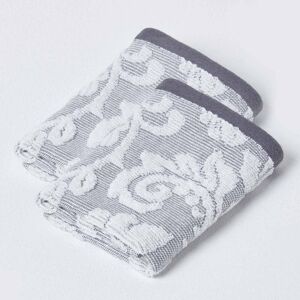 Homescapes Grey Face Cloth 600 GSM Cotton with White Damask Pattern, Set of 2 Homescapes Grey Face Cloth 600 GSM Cotton with White Damask Pattern, Set of 2