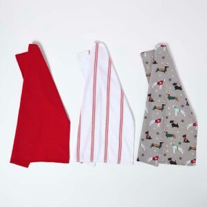 Homescapes Set of 3 Cotton Dog Tea Towels, 64 x 45 cm, Red, Festive, Absorbent, Handcrafted, Machine Washable, Durable Homescapes Set of 3 Cotton Dog Tea Towels, 64 x 45 cm, Red, Festive, Absorbent, Handcrafted, Machine Washable, Durable