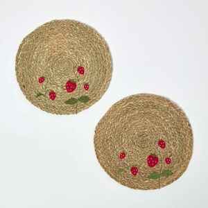 Homescapes Set of 2 Bulrush Round Strawberry Placemats, 38 x 38 cm, Natural, Embroidered, Food Safe, 15 x 15" Homescapes Set of 2 Bulrush Round Strawberry Placemats, 38 x 38 cm, Natural, Embroidered, Food Safe, 15 x 15"
