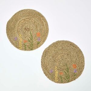 Homescapes Set of 2 Bulrush Round Floral Placemats, 38 x 38 cm, Natural, Embroidered, Food Safe, 15 x 15" Homescapes Set of 2 Bulrush Round Floral Placemats, 38 x 38 cm, Natural, Embroidered, Food Safe, 15 x 15"