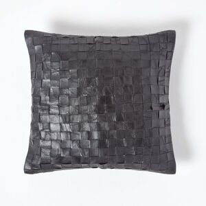 Homescapes Black Real Leather Basketweave Check Suede Cushion with Feather Filling Homescapes Black Real Leather Basketweave Check Suede Cushion with Feather Filling