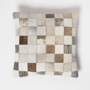 Homescapes Block Check Grey Leather Cushion 45 x 45 cm Homescapes Block Check Grey Leather Cushion 45 x 45 cm