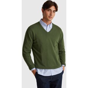 United Colors of Benetton Benetton, Olive Green V-neck Sweater In Pure Merino Wool, Men United Colors of Benetton Benetton, Olive Green V-neck Sweater In Pure Merino Wool, Men