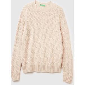 United Colors of Benetton Benetton, Cable Knit Sweater In Cashmere Blend, Creamy White, Men United Colors of Benetton Benetton, Cable Knit Sweater In Cashmere Blend, Creamy White, Men