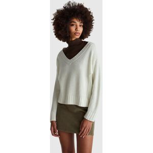 United Colors of Benetton Benetton, V-neck Sweater In Wool Blend, Creamy White, Women United Colors of Benetton Benetton, V-neck Sweater In Wool Blend, Creamy White, Women