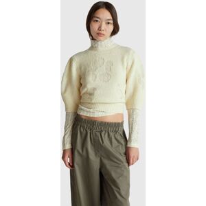 United Colors of Benetton Benetton, Short Sleeve Sweater With Floral Inlay, Creamy White, Women United Colors of Benetton Benetton, Short Sleeve Sweater With Floral Inlay, Creamy White, Women