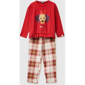 United Colors of Benetton Benetton, Christmas Pyjamas With Tartan Bottoms, Red, Kids United Colors of Benetton Benetton, Christmas Pyjamas With Tartan Bottoms, Red, Kids