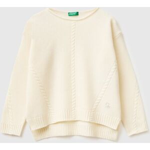 United Colors of Benetton Benetton, Cable Knit Sweater In Wool Blend, Creamy White, Kids United Colors of Benetton Benetton, Cable Knit Sweater In Wool Blend, Creamy White, Kids