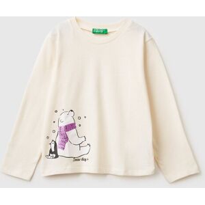 United Colors of Benetton Benetton, T-shirt With Glittery Print, Creamy White, Kids United Colors of Benetton Benetton, T-shirt With Glittery Print, Creamy White, Kids