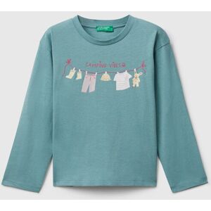 United Colors of Benetton Benetton, Cotton T-shirt With Glittery Print, Sky Blue, Kids United Colors of Benetton Benetton, Cotton T-shirt With Glittery Print, Sky Blue, Kids