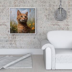 WRT Ltd Happy Short Haired Ginger Cat In A Spring Meadow Framed Canvas - 16" x 16" - White WRT Ltd Happy Short Haired Ginger Cat In A Spring Meadow Framed Canvas - 16" x 16" - White
