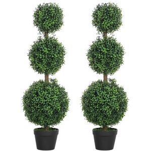 MHSTAR UK LTD HOMCOM Set of 2 Decorative Artificial Plants, Topiary Ball-shaped Boxwood Trees in Pot, Fake Plants for Home Indoor outdoor Decor, 100cm, Green