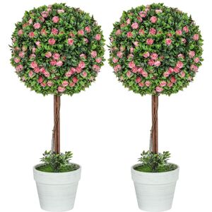 MHSTAR UK LTD HOMCOM Set of 2 Decorative Artificial Plants, Ball Topiary Tree with Rose Flower in Pot, Fake Plants for Home Indoor Outdoor Decor, 60cm, Pink