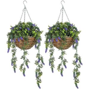 MHSTAR UK LTD HOMCOM Set of 2 Decorative Artificial Plants, Faux Silk Lavender Flowers in Hanging Baskets, Fake Plants for Home Indoor Outdoor Decor, Purple
