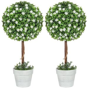 MHSTAR UK LTD HOMCOM Set of 2 Decorative Artificial Plants, Ball Topiary Tree with Rose Flower in Pot, Fake Plants for Home Indoor Outdoor Decor, 60cm, White