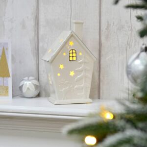 XS-Stock.com Ltd Light Up House Christmas Decoration White Silver Ceramic 20cm XS-Stock.com Ltd Light Up House Christmas Decoration White Silver Ceramic 20cm