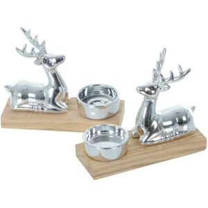 XS-Stock.com Ltd Set Of 2 Christmas Reindeer Silver Candle Holders Wood Base XS-Stock.com Ltd Set Of 2 Christmas Reindeer Silver Candle Holders Wood Base