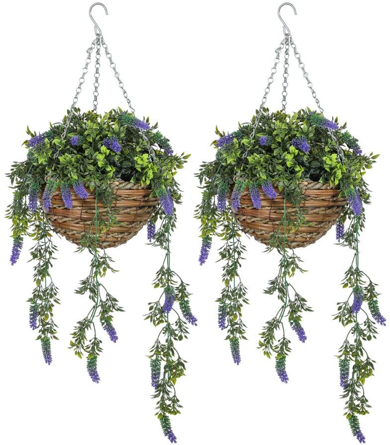 MHSTAR UK LTD HOMCOM Set of 2 Decorative Artificial Plants, Faux Silk Lavender Flowers in Hanging Baskets, Fake Plants for Home Indoor Outdoor Decor, Purple