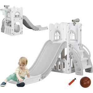 MHSTAR UK LTD AIYAPLAY Kids Slide, 4 in 1 Toddler Slide with Basketball Hoop, Climber, Telescope, Storage Basket, Indoor Slide for 1-3 Years, Grey