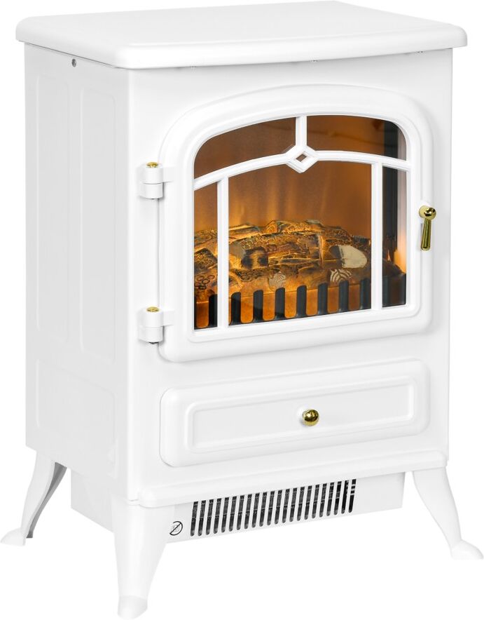 MHSTAR UK LTD HOMCOM Freestanding Electric Fireplace Indoor Heater Glass View Log Wood Burning Effect Flame Portable Fireplace Stove 950/1850W White