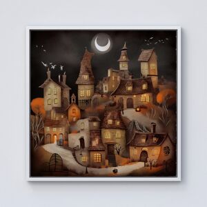 WRT Ltd Spooky Halloween Village Framed Canvas - 10" x 10" - White WRT Ltd Spooky Halloween Village Framed Canvas - 10" x 10" - White